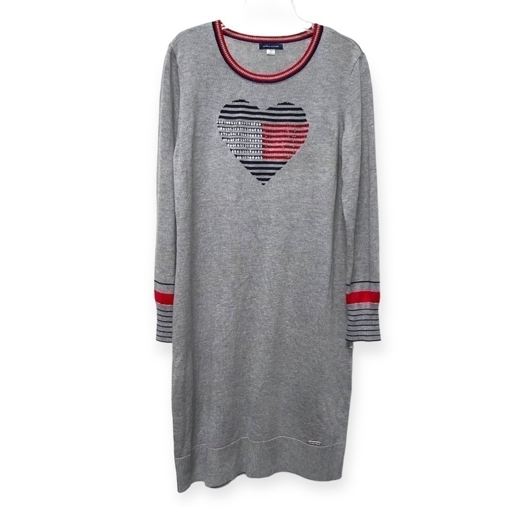 Tommy Hilfiger Embellished Heart Sweater Dress Size Large Gray Red Blue - Picture 2 of 11